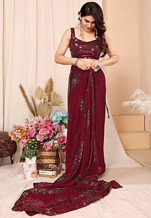 Pre-stitched Georgette Saree in Maroon