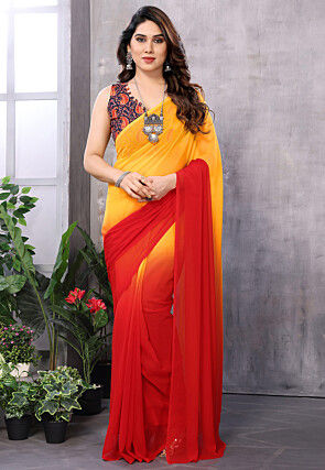 Pre-Stitched Georgette Saree in Orange and Red Shaded