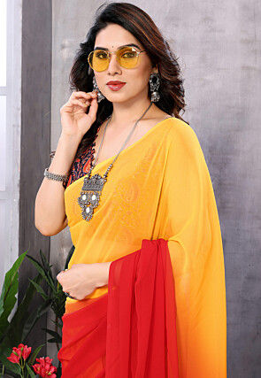 Pre-Stitched Georgette Saree in Orange and Red Shaded