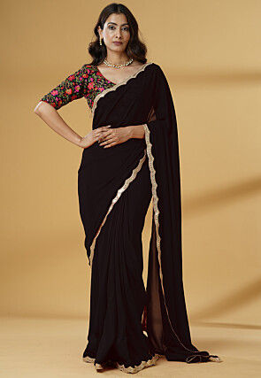 Pre-stitched Georgette Scalloped Saree in Black