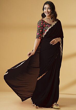 Pre-stitched Georgette Scalloped Saree in Black