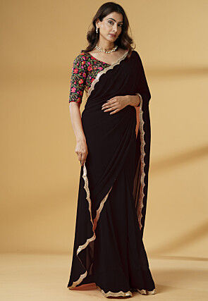 Pre-stitched Georgette Scalloped Saree in Black