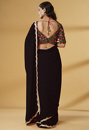 Pre-stitched Georgette Scalloped Saree in Black