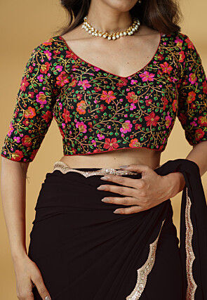 Pre-stitched Georgette Scalloped Saree in Black