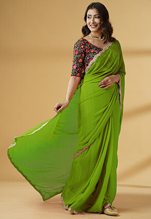 Pre-stitched Georgette Scalloped Saree in Light Green