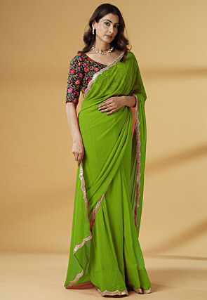 Pre-stitched Georgette Scalloped Saree in Light Green