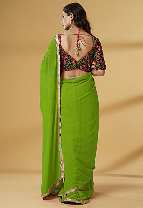 Pre-stitched Georgette Scalloped Saree in Light Green