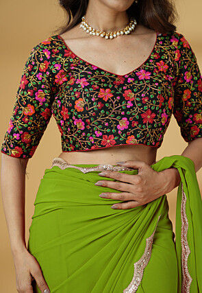 Pre-stitched Georgette Scalloped Saree in Light Green