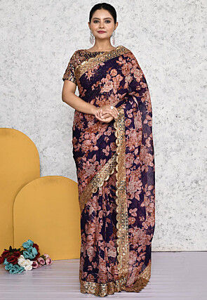 Pre-stitched Georgette Scalloped Saree in Navy Blue