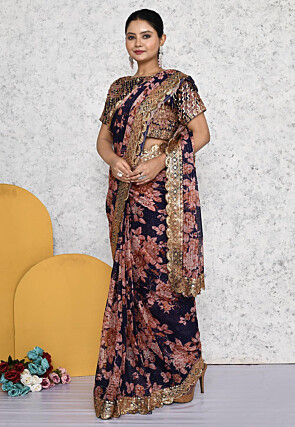 Pre-stitched Georgette Scalloped Saree in Navy Blue