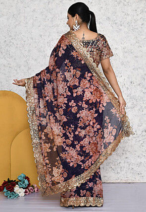 Pre-stitched Georgette Scalloped Saree in Navy Blue