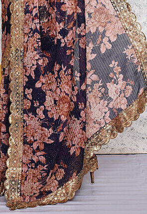 Pre-stitched Georgette Scalloped Saree in Navy Blue