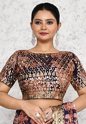 Pre-stitched Georgette Scalloped Saree in Navy Blue