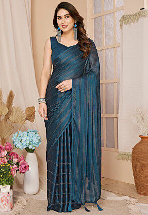 Pre-stitched Georgette Shimmer Saree in Teal Blue
