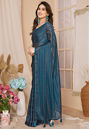 Pre-stitched Georgette Shimmer Saree in Teal Blue