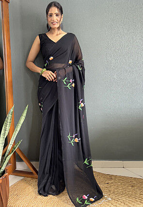 Pre-stitched Hand Painted Georgette Saree in Black