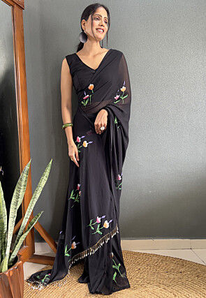 Pre-stitched Hand Painted Georgette Saree in Black