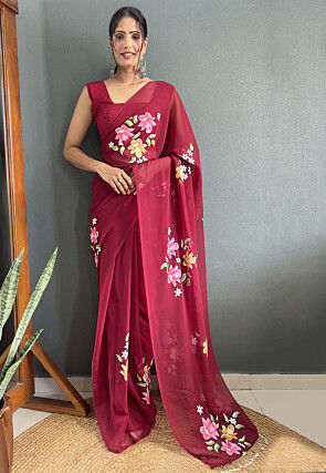 Pre-stitched Hand Painted Georgette Saree in Maroon