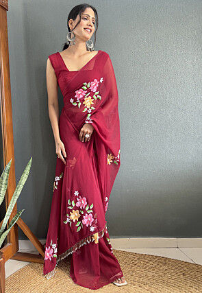 Pre-stitched Hand Painted Georgette Saree in Maroon
