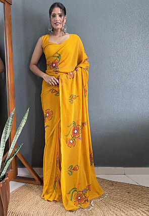 Pre-stitched Hand Painted Georgette Saree in Mustard