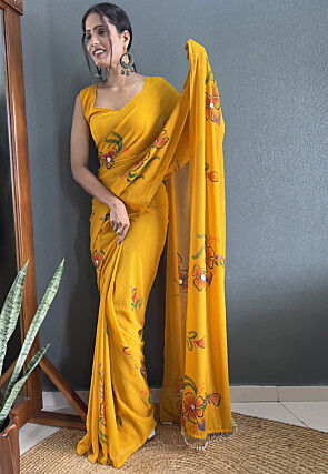 Pre-stitched Hand Painted Georgette Saree in Mustard