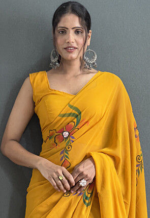 Pre-stitched Hand Painted Georgette Saree in Mustard