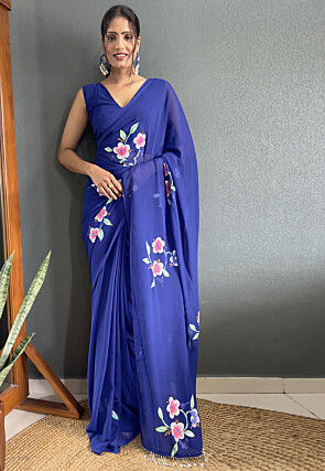 Pre-stitched Hand Painted Georgette Saree in Navy Blue