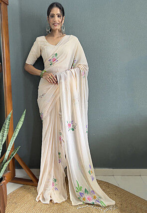 Pre-stitched Hand Painted Georgette Saree in Off White