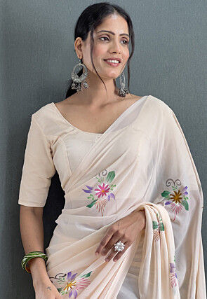 Pre-stitched Hand Painted Georgette Saree in Off White