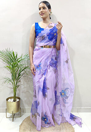 Pre-stitched Hand Painted Organza Scalloped Saree in Light Purple