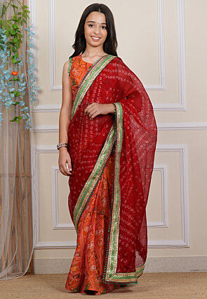 Pre-stitched Kota Silk Saree in Maroon and Orange