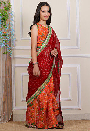 Pre-stitched Kota Silk Saree in Maroon and Orange