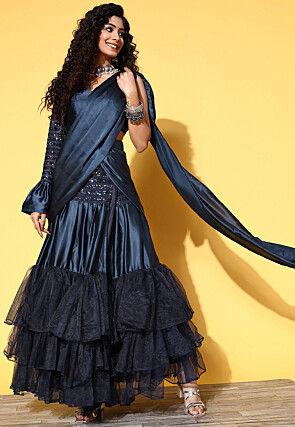 Pre-Stitched Lehenga Style Satin Saree in Navy blue