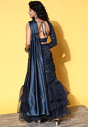 Pre-Stitched Lehenga Style Satin Saree in Navy blue