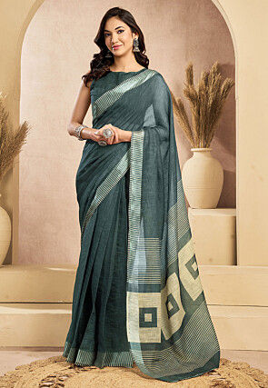 Pre-Stitched Linen Cotton Saree in Dark Green