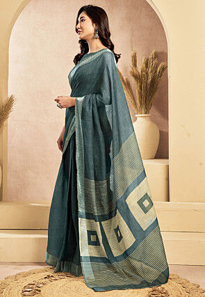 Pre-Stitched Linen Cotton Saree in Dark Green