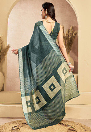 Pre-Stitched Linen Cotton Saree in Dark Green
