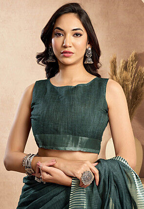 Pre-Stitched Linen Cotton Saree in Dark Green