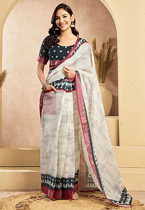 Pre-Stitched Linen Cotton Saree in Off White