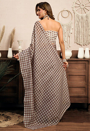 Pre-stitched Linen Saree in Light Brown