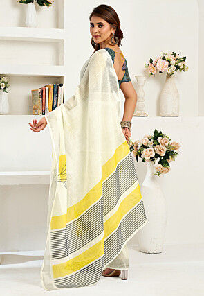 Pre-stitched Linen Saree in Off White