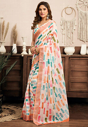 Pre-stitched Linen Saree in White