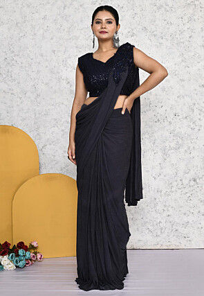 Pre-stitched Lycra (Elastane) Saree in Dark Grey