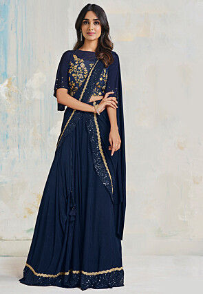 Pre-stitched Lycra (Elastane) Saree in Navy Blue