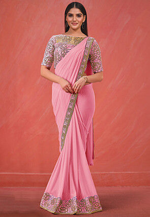 Pre-stitched Lycra (Elastane) Saree in Pink