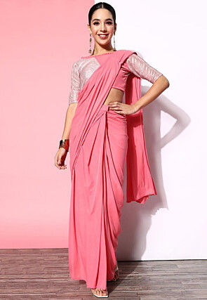 Pre-Stitched Lycra (Elastane) Saree in Pink