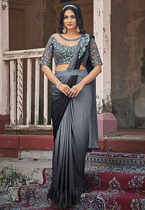 Pre-stitched Lycra (Elastane) Saree in Shaded Grey and Black