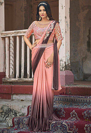 Pre-stitched Lycra (Elastane) Saree in Shaded Peach and Brown