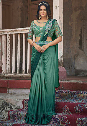 Pre-stitched Lycra (Elastane) Saree in Teal Green Ombre
