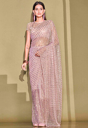Pre-stitched Lycra Net Saree in Peach